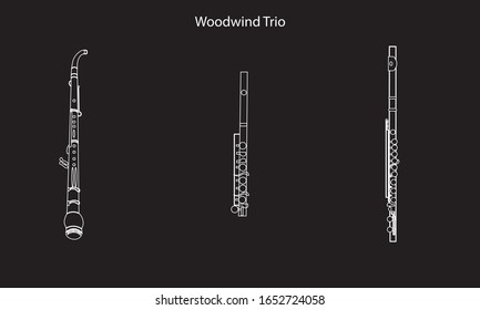 White outline woodwind trio as english horn, piccolo and flute isolated on black background. Musical instrument for template or art school dictionary illustration