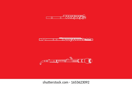 White outline woodwind trio, which includes English horn, piccolo and flute isolated on red background. Musical instruments for template or art school dictionary illustration