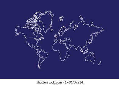 White outline of world map in background of royal blue