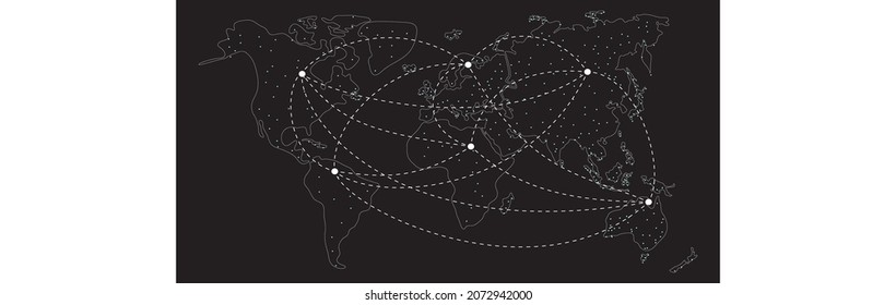 White outline world map with continents on black in banner center. Copyspace left and right. Continents centers connected by dotted lines. International logistics or 4G 5G 6G business concept.
