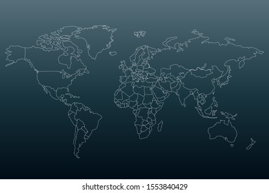 White outline world map. Flat template for banner, poster, web-site, report, infographic. Black gradient background.Globe similar worldmap silhouette. Travel concept. EPS10 illustration