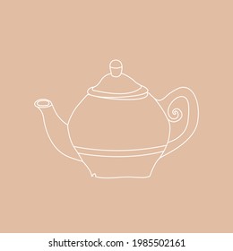 white outlined breakfast teapot icon symbol on a peach color background