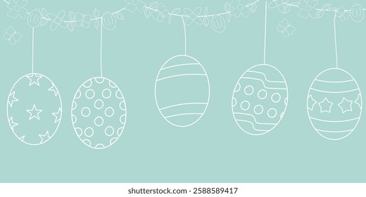 White outlined doodle Easter banner or poster element, Easter card design with a pastel blue background