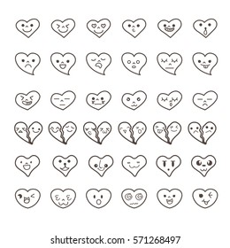 White outlined emoticon heart set. Hearts collection. Elements for design. Vector illustration.