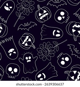 white outlined halloween seamless pattern dark blue background spooky ghosts pumpkins bats skulls flowers digital textile paper