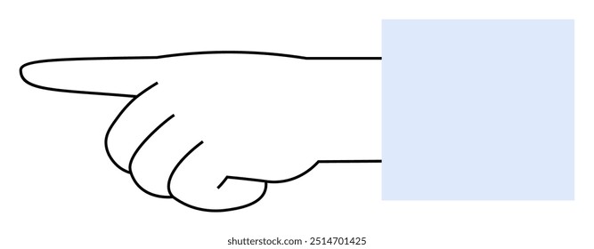 A white, outlined hand pointing left with a blue rectangle overlay on the wrist. Ideal for gestures, navigation, directions, minimalist design, educational materials.