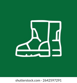 A white outlined rubber boot on a green background. Perfect for work or play in the garden or farm.