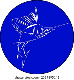 White outlined sailfish in a blue circle design