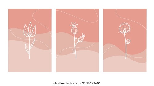 white outlined set of peach pink color cards with flowers and wave design