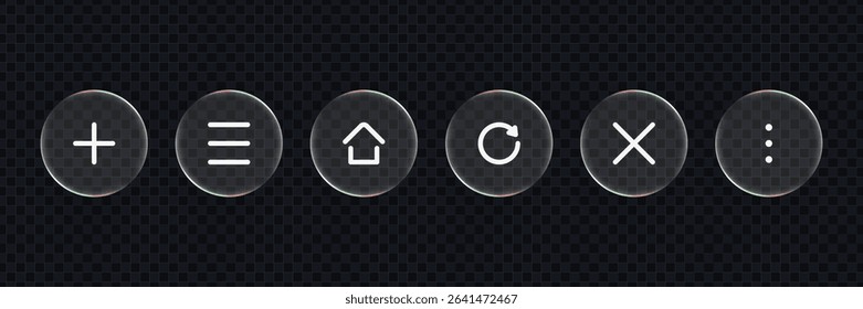 White outlined UI icons in liquid glass circles. Modern interface button set for application design development. Vector graphics.