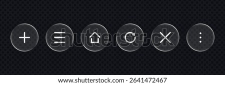 White outlined UI icons in liquid glass circles. Modern interface button set for application design development. Vector graphics.