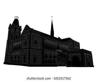 White Outlines with black fill of Frere hall , Karachi , Pakistan in White Background.