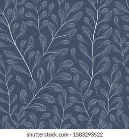 White outlines branches on the blue background. Vector seamless pattern. 