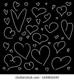 white outlines of hearts as if drawn in pencil on a black background, different sizes