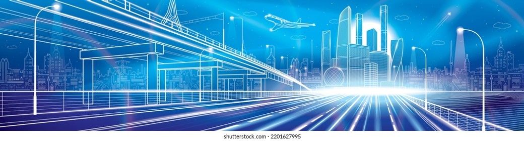 White outlines Infrastructure illustration. Large highway in city. Neon glow modern town on blue background, tower and skyscrapers, business building. Plane is flying. Vector design art