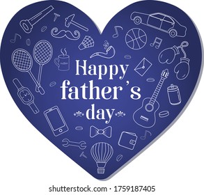 White outlines of men's accessories and men's favorite items against a blue heart in honor of the holiday Father's Day. Vector illustration