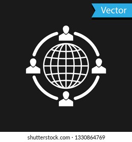 White Outsourcing concept icon isolated on black background. Cooperation sign. Idea of teamwork and investment. Vector Illustration