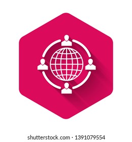 White Outsourcing concept icon isolated with long shadow. Cooperation sign. Idea of teamwork and investment. Pink hexagon button. Vector Illustration