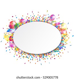 White oval banner with shiny colorful confetti and balloons. Vector illustration.