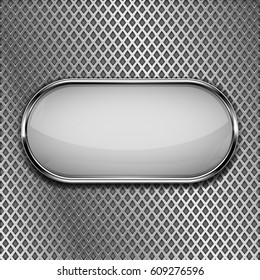White oval button on metal perforated background. Vector 3d illustration