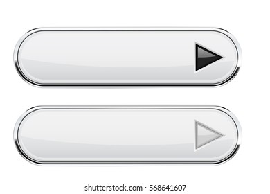 White oval buttons with arrows. Normal and active. Interface elements with metal frame. Vector 3d illustration isolated on white background