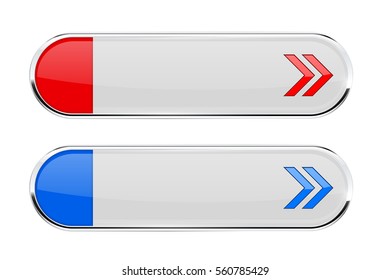 White oval buttons with colored arrows. Menu interface elements with metal frame. Vector 3d illustration isolated on white background.