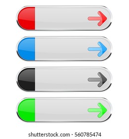 White oval buttons with colored arrows. Menu interface elements with metal frame. Vector 3d illustration isolated on white background.