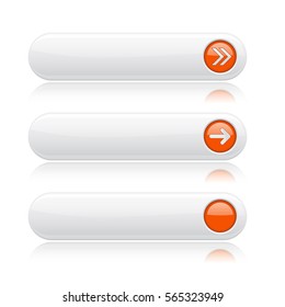 White oval buttons with orange arrows. Menu interface elements with metal frame. Vector 3d illustration isolated on white background.