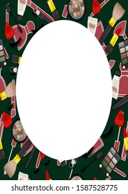 White oval copy space on green background with beauty products seamless pattern. Vector.