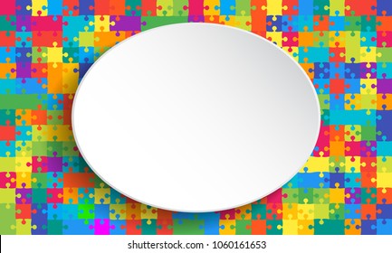 White oval frame, background, banner, blank on the vector jigsaw puzzle separate pieces, mosaic, details, tiles, parts. Game group detail. Oval outline abstract jigsaw.