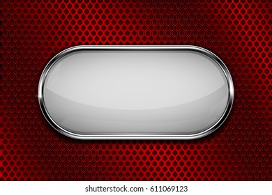 White oval glass button with metal frame on red perforated background. Vector 3d illustration
