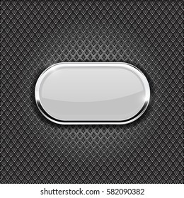 White oval glass button on perforated background. Diamond shape holes. Vector 3d illustration.