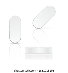 Píldoras ovales blancas en el fondo blanco. Ilustración vectorial con sombra y reflejo
