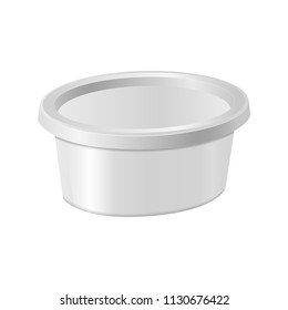 White Oval Plastic Box For Your Design And Logo. Mock Up For Cheese, Cream Cheese, Butter, Etc. Side View. Vector Template For Your Design