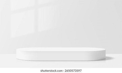 Fondo ovalado blanco del escenario o del podio del estudio con la sombra de la luz del sol. Soporte realista 3D vacío. Escena mínima para la maqueta de la presentación del producto.