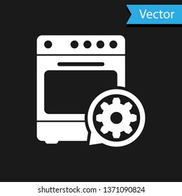 White Oven and gear icon isolated on black background. Adjusting app, service concept, setting options, maintenance, repair, fixing. Vector Illustration