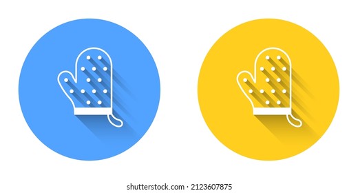 White Oven glove icon isolated with long shadow background. Kitchen potholder sign. Cooking glove. Circle button. Vector