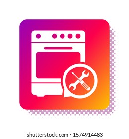 White Oven with screwdriver and wrench icon isolated on white background. Adjusting, service, setting, maintenance, repair, fixing. Square color button. Vector Illustration