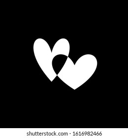 White overlapping hearts isolated on black background. Simple vector element illustration. Happy valentines day and wedding design elements. Monochrome design version.