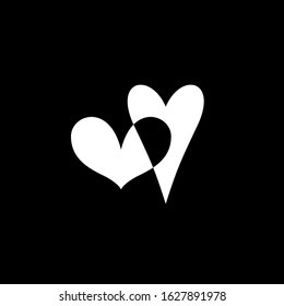 White overlapping hearts isolated on black background. Simple vector element illustration. Happy valentines day and wedding design elements. Monochrome design version.