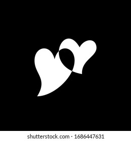 White overlapping hearts isolated on black background. Simple vector element illustration. Happy valentines day and wedding design elements. Monochrome design version.