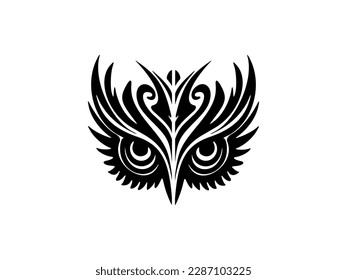 ﻿Black and white owl face tattoo with Polynesian designs.