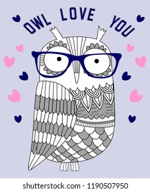 White owl has navy blue glasses with around texts and pink hearts on blue background. Vector illustration.