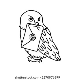 White owl with a letter in outline cartoon doodle style. Hand drawn vector illustration isolated on white background.