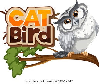 White owl on branch cartoon character with Cat Bird font banner isolated illustration