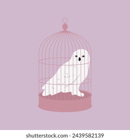 White owl on the cage. Flat style simple  illustration. Vector