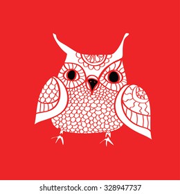 White Owl on red application. Cute cartoon owl vector silhouette. Creative Owl sign or logo. Owl flat illustration. Owl vector. Stylized owl. Owl cut paper style.