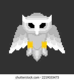 White Owl Pixel art. 8 bit eagle-ow. pixelatedl Vector illustration