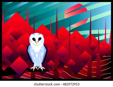 White owl in red forest made in high contrast style with cubical trees and light blue shattered sky