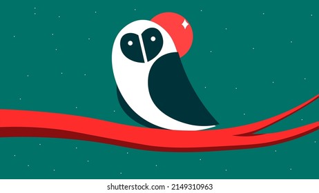 White owl sitting on the branch.  Beautiful illustration of bird for kids. Flying creature. Trendy backround.